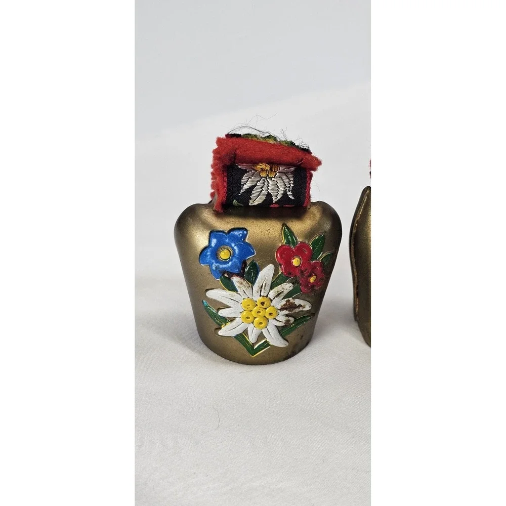 Vintage Norwegian Brass Cow Bells Honningsvåg Floral Leather Strap Set of 3